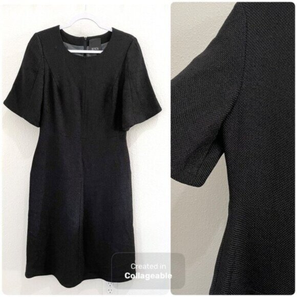 BEVZA Black Feminine Designer Sheath Mini Dress Textured Chic Silk Wool Blend - Picture 2 of 13